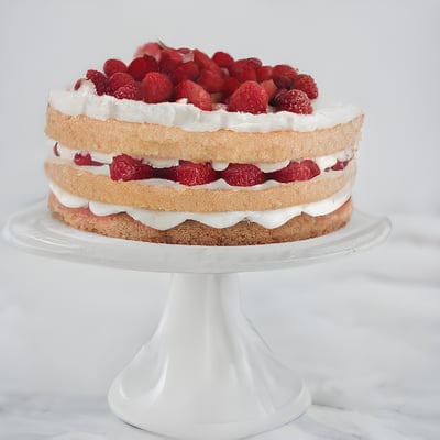 A cake with white frosting and raspberries on top