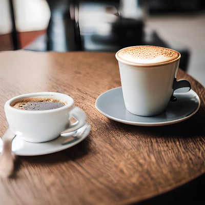 A couple of cups of coffee sitting on top of a wooden table