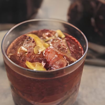 A close up of a cup of food on a table