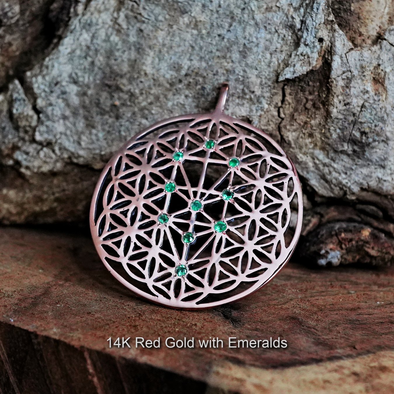 A 14K Red Gold Inlaid Flower of Life Tree of Life Pendant