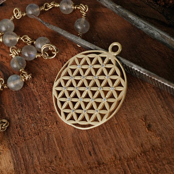 Inlaid Flower of Life Pendant Gold Small