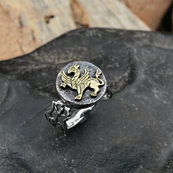 Shirdal Persian Griffin Talisman Ring Silver and Gold