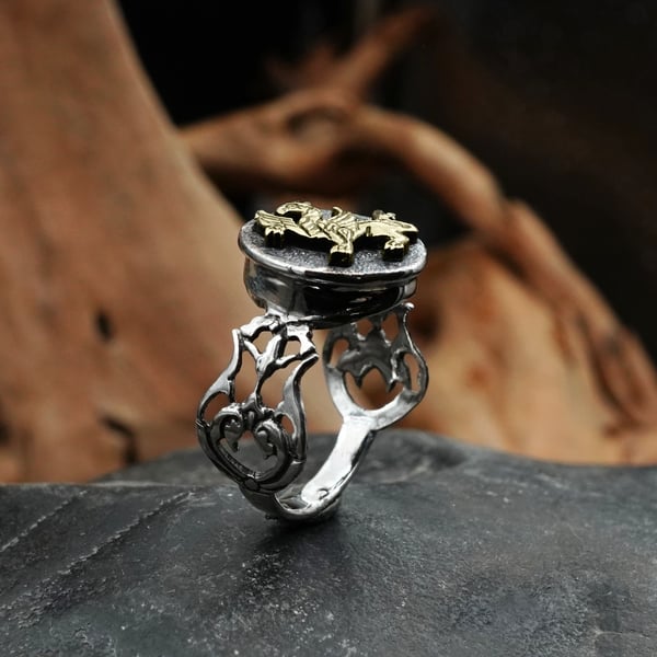 Shirdal Persian Griffin Talisman Ring Silver and Gold