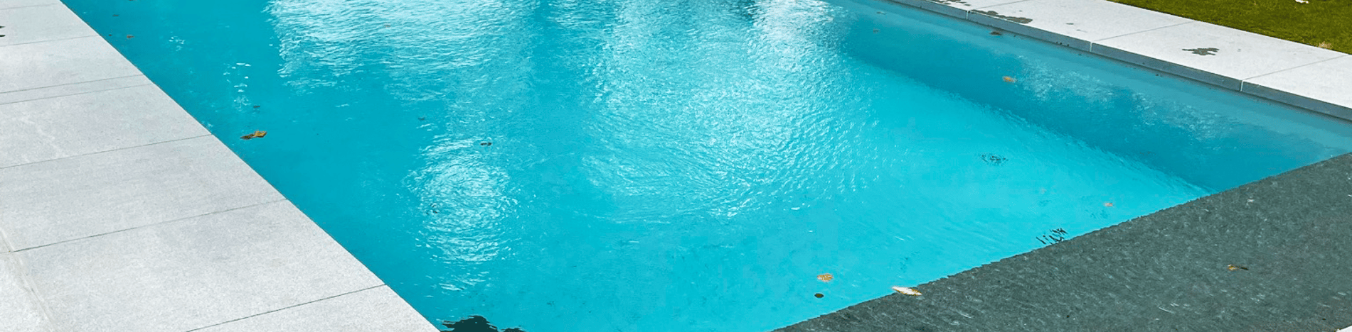 zwembad met grijze tegels en hortensia's