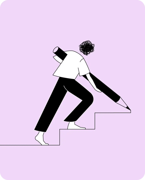 persoon tekent eigen trap en zet stap voor stap vooruitgang