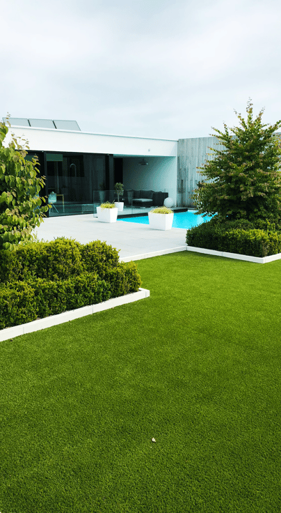 moderne tuin met luxueus zwembad en groenvoorziening