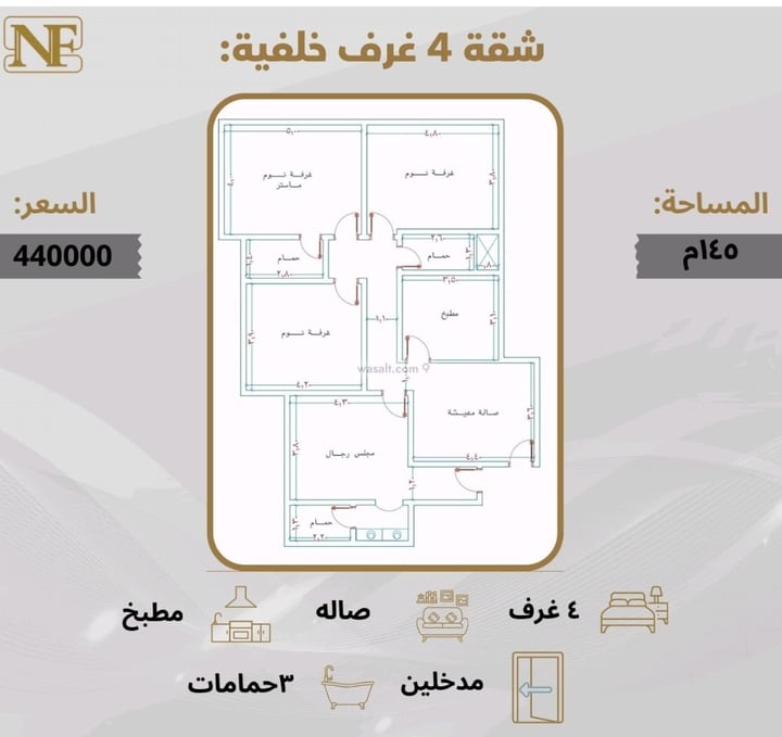 Apartment 146 SQM with 4 Bedrooms Al Marwah, North Jeddah, Jeddah