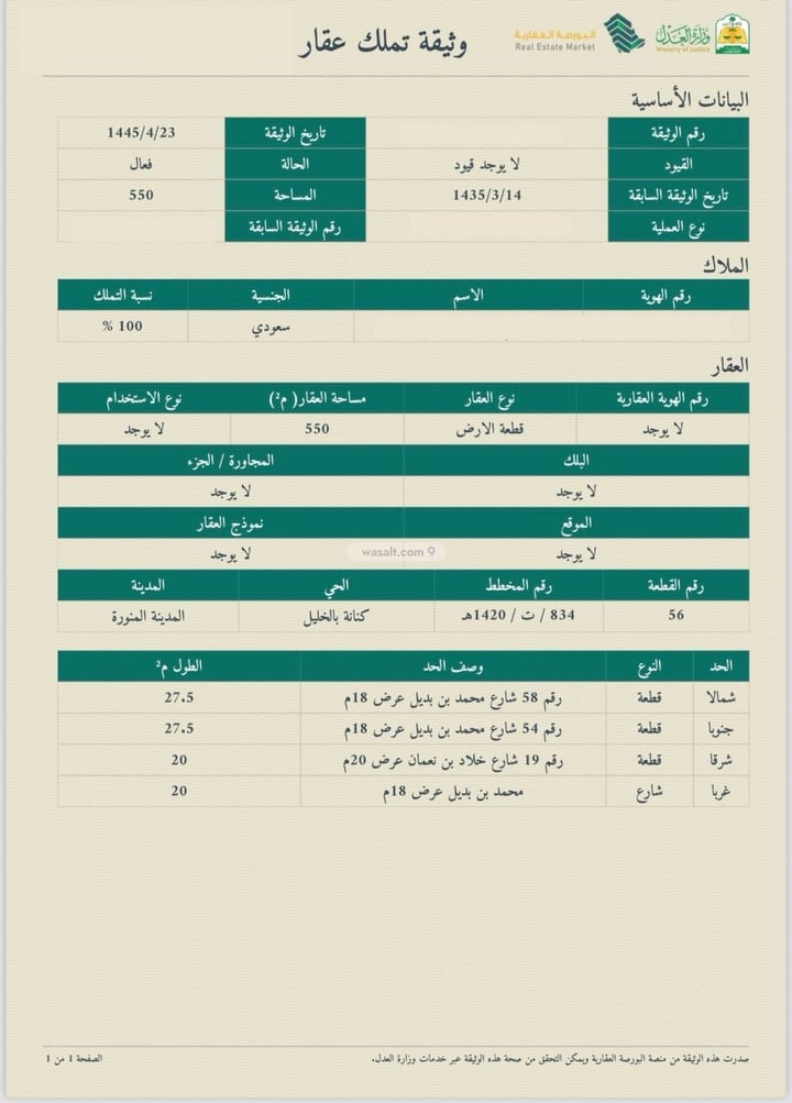 Land 625 SQM Facing North on 15m Width Street As Suwaydra, Madinah