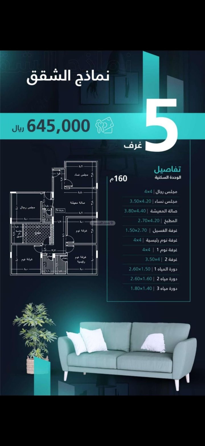 Apartment 137.42 SQM with 4 Bedrooms Mishrifah, North Jeddah, Jeddah