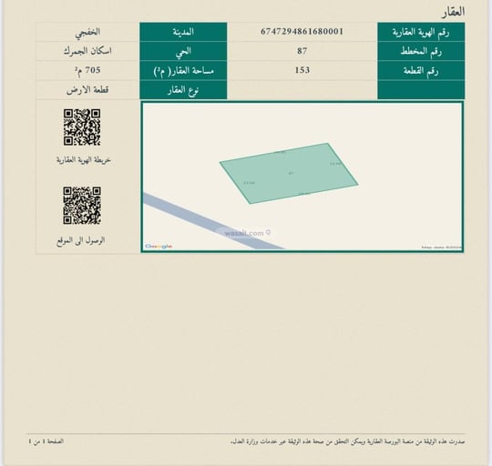 أرض 705 متر مربع شرقية على شارع 20م مخطط 87، الخفجي