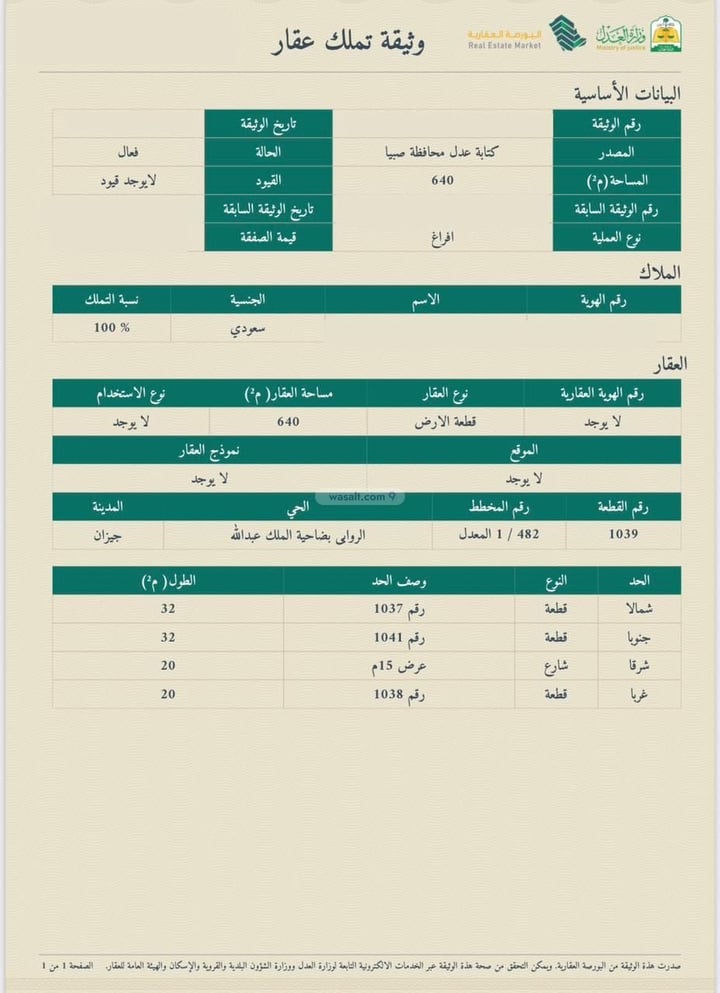 أرض 1025.2 متر مربع شرقية على شارع 25م القدس 1، جازان