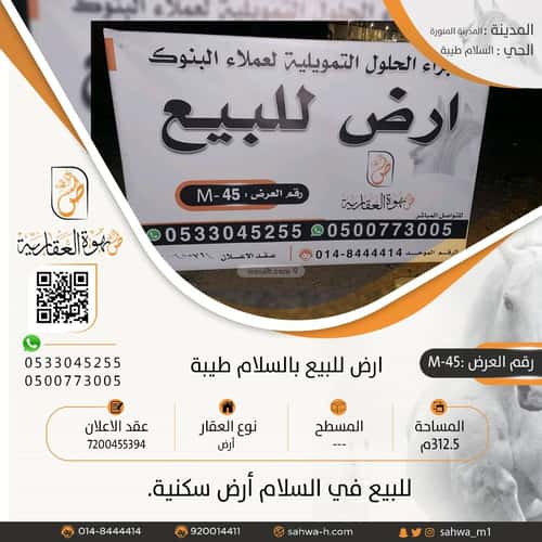 Land 312.5 SQM Facing East on 12m Width Street Tiyyah, Madinah