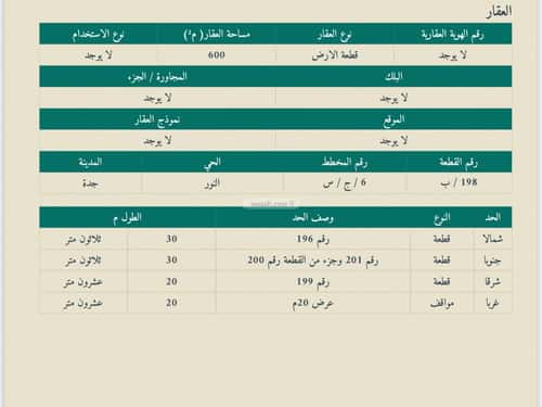 Land 600 SQM Facing West Al-Noor, North Jeddah, Jeddah