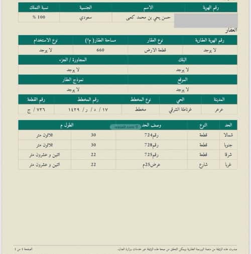 أرض 660 متر مربع غربية على شارع 25م غرناطة الشرقي، عرعر