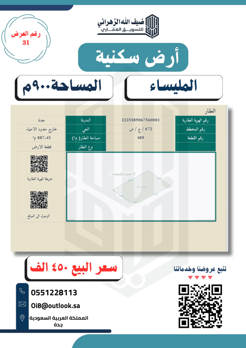 Land 887.45 SQM Facing North on 20m Width Street Al Moulysaa, South Jeddah, Jeddah