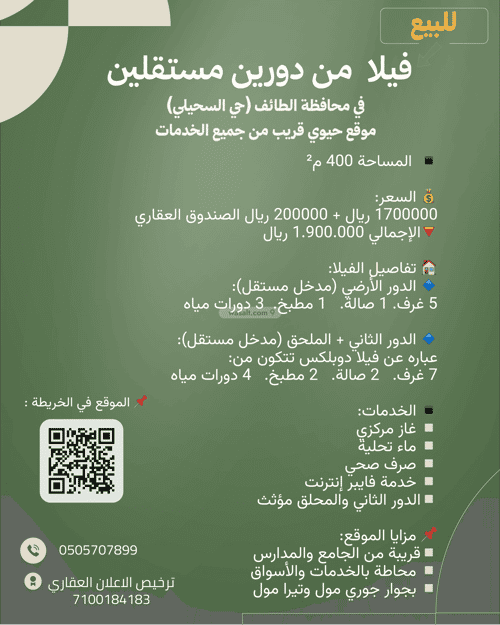 Villa 399 SQM Facing West Eastern Pole District, Alttayif