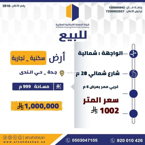 Land 999 SQM Facing North on 28m Width Street Al-Nada, North Jeddah, Jeddah
