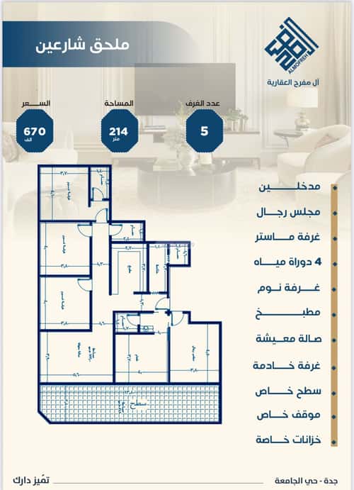 شقة 1251 متر مربع ب 5 غرف الجامعة، جنوب جدة، جدة