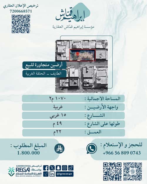 أرض 537.5 متر مربع غربية على شارع 25م الحلقة الغربية، الطائف