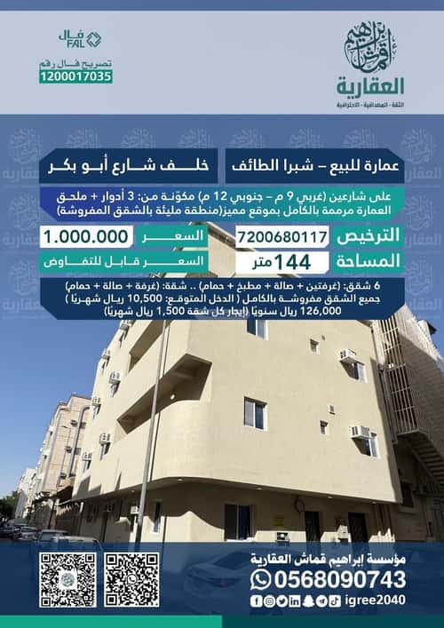 عمارة 144.4 متر مربع واجهة جنوبية شبرا، الطائف