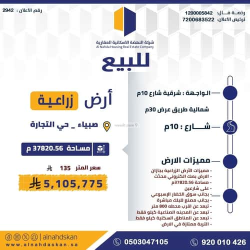 أرض 37820.56 متر مربع شمالية شرقية على شارع 30م التجارة، صبياء