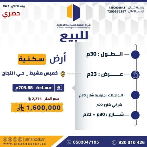 أرض 703.68 متر مربع جنوبية غربية على شارع 15م النجاح، خميس مشيط