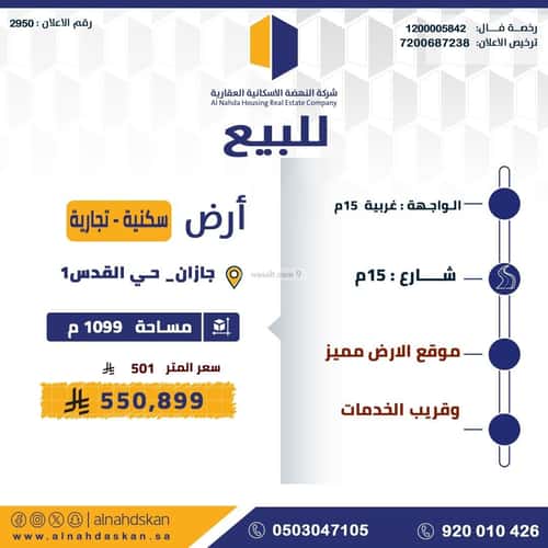 أرض 1099.6 متر مربع شمالية على شارع 22م القدس 1، جازان