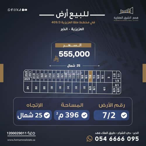 أرض 396 متر مربع شمالية على شارع 25م الشفاء، الخبر