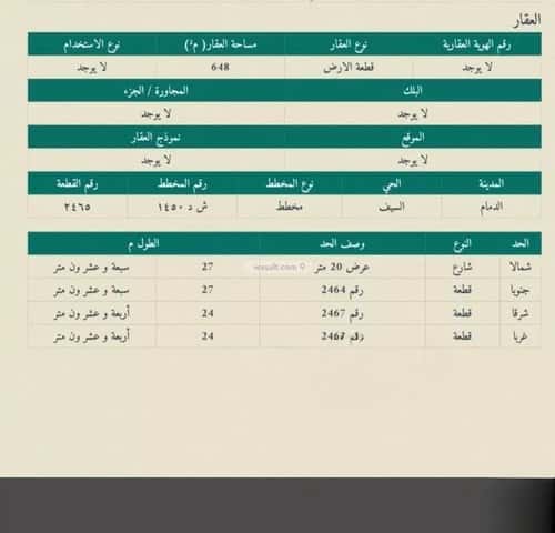 أرض 648 متر مربع شمالية على شارع 20م السيف، الدمام