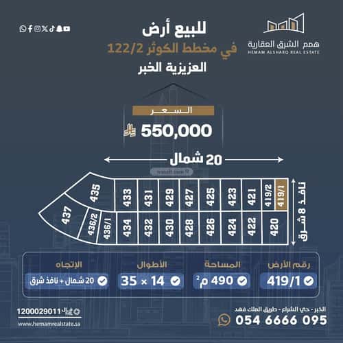 أرض 490 متر مربع شمالية على شارع 20م الكوثر، الخبر