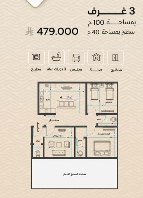 شقة 1000 متر مربع ب 3 غرف مشرفة، شمال جدة، جدة