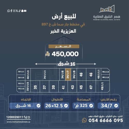 Land 325 SQM Facing East on 16m Width Street Al Lo'A Lo'A, Khobar