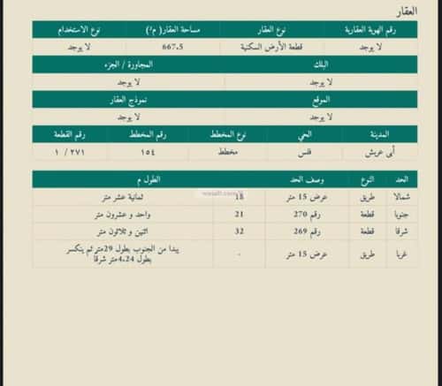أرض 667.5 متر مربع واجهة شمالية،غربية	 المعترض، أبو عريش - أبو عريش