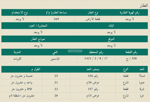 أرض 569 متر مربع الياسمين، القريات