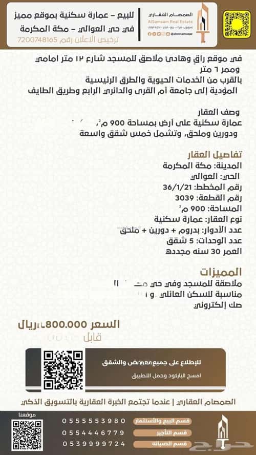 Building 900 SQM Facing East Alawaly, Makkah Al Mukarramah