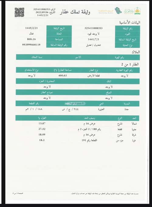 أرض 800 متر مربع واجهة شمالية،شرقية الجزيرة، شمال جدة، جدة