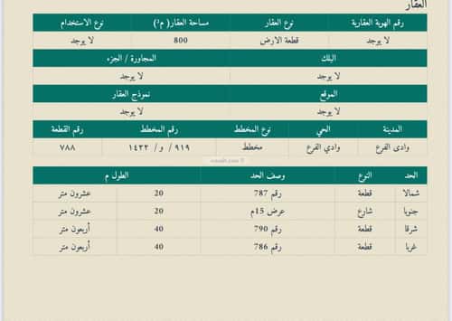 أرض 800 متر مربع جنوبية على شارع 15م مخطط وادي  الفرع، وادي  الفرع