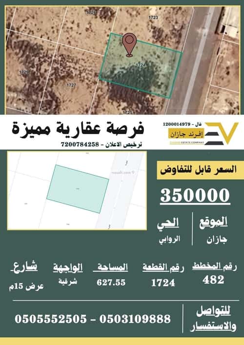 Land 627 SQM Facing East on 15m Width Street The Meadows, Jazan