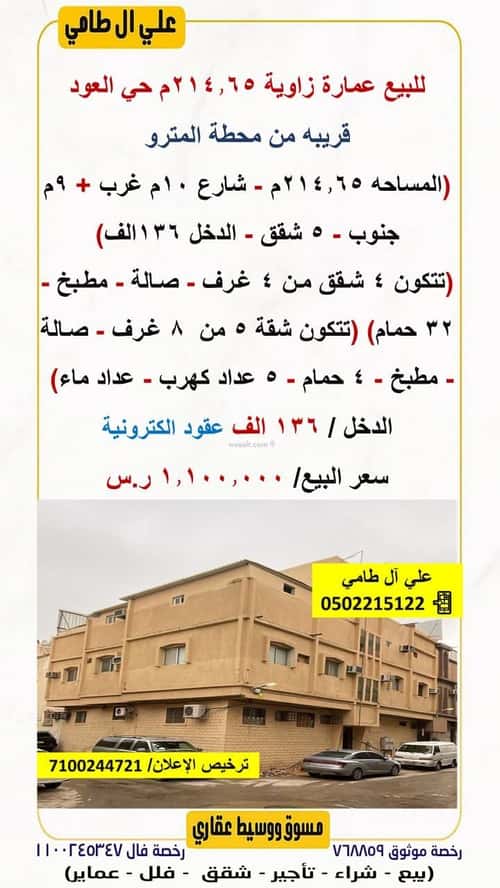 عمارة 214 متر مربع واجهة جنوبية العود، وسط الرياض، الرياض