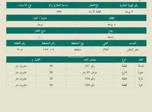 Land 400 SQM Facing North on 25m Width Street At-Talal, Hafar Al-Batin