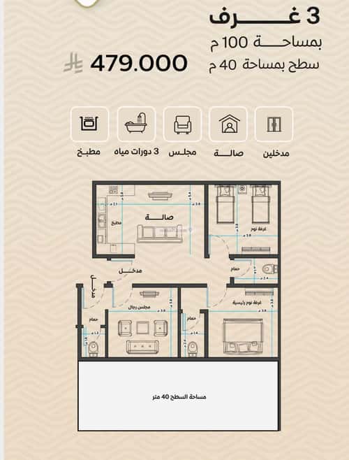شقة 1000 متر مربع ب 3 غرف مشرفة، شمال جدة، جدة