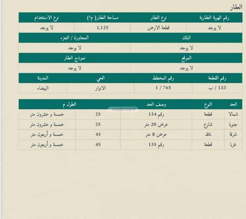 أرض 1125 متر مربع الأنوار، الدمام