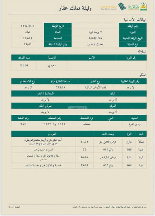 أرض 800 متر مربع شمالية على شارع 20م مخطط وادي  الفرع، وادي  الفرع