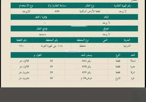 Land 600 SQM Facing West on 20m Width Street Al Oudah, Diriyah