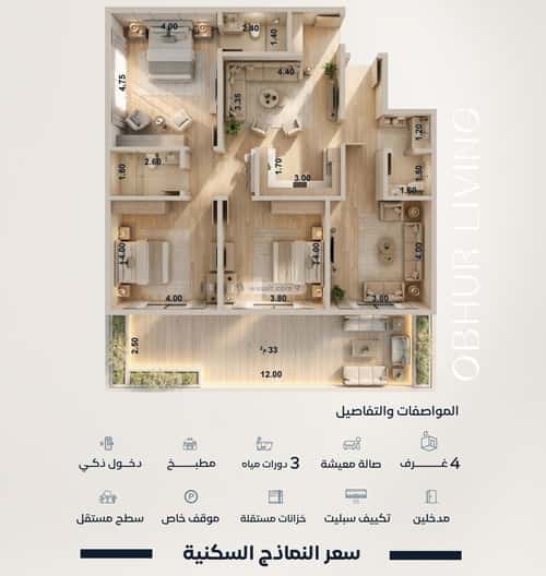 شقة 1588.8 متر مربع ب 4 غرف الياقوت، شمال جدة، جدة