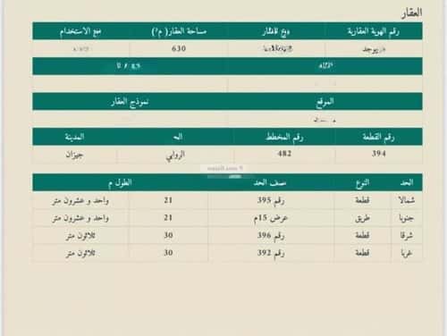 أرض 630 متر مربع جنوبية على شارع 15م الروابي، جازان