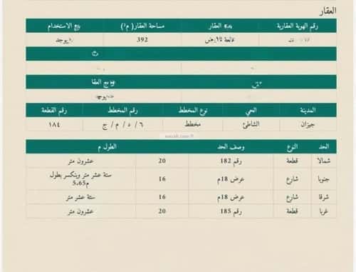 أرض 392 متر مربع جنوبية شرقية على شارع 18م الشاطئ، جازان
