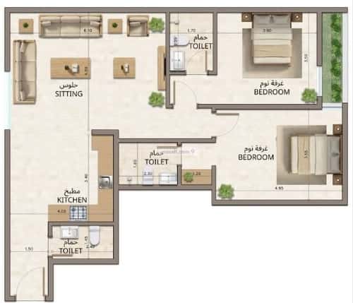 شقة 1225 متر مربع بغرفتين النهضة، شرق الرياض، الرياض