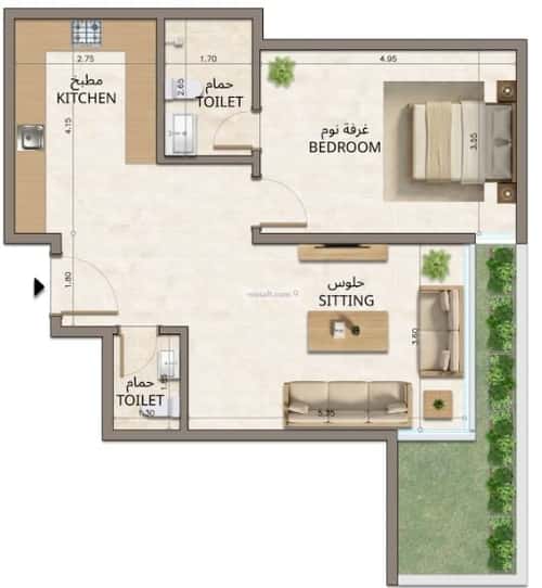 شقة 1225 متر مربع بغرفتين النهضة، شرق الرياض، الرياض