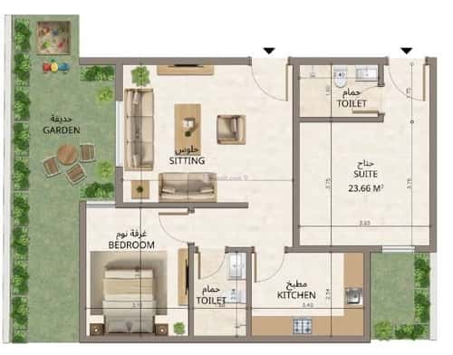 شقة 1225 متر مربع بغرفتين النهضة، شرق الرياض، الرياض